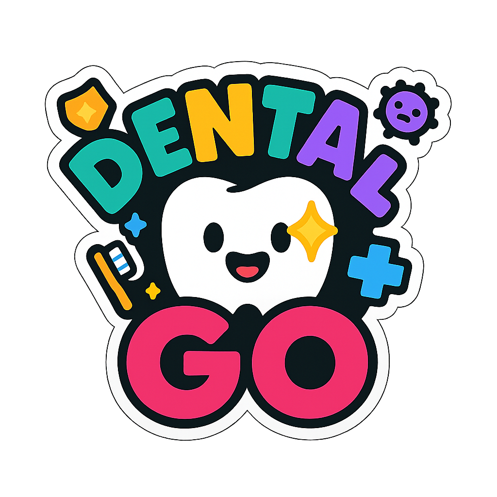 DentalGO：カラフルな文字と歯のキャラクターのロゴ